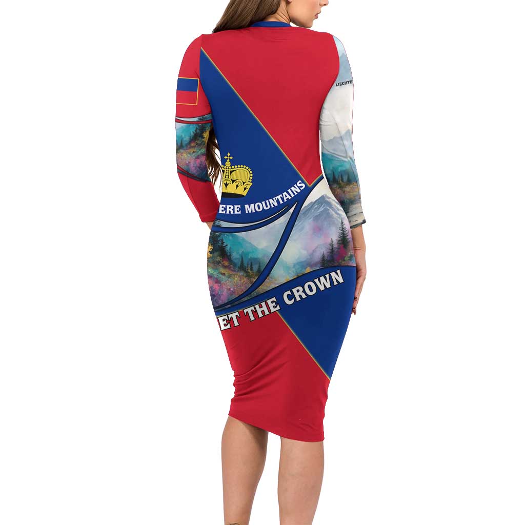 Liechtenstein Family Matching Long Sleeve Bodycon Dress and Hawaiian Shirt with Red Blue Mountain Landscape Design and Crown Emblem - Wonder Print Shop