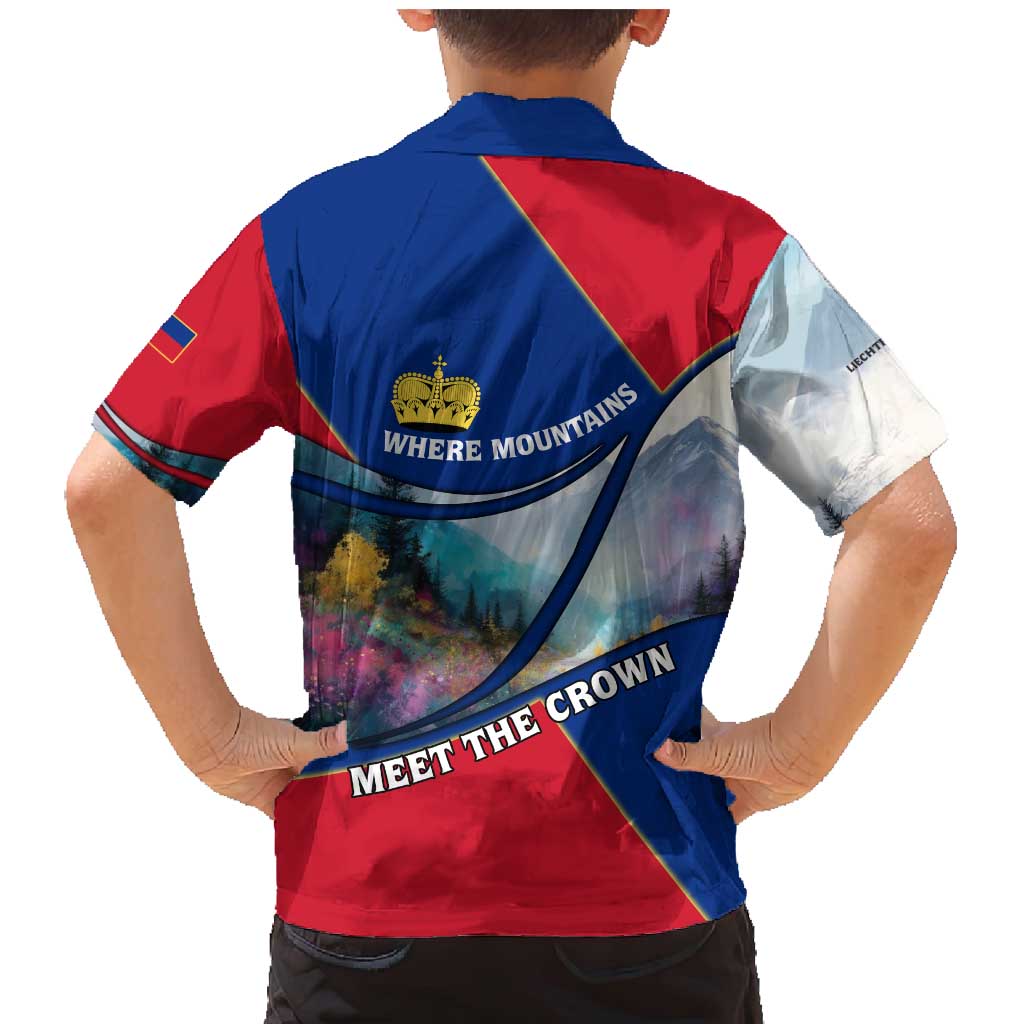 Liechtenstein Family Matching Mermaid Dress and Hawaiian Shirt with Red Blue Mountain Landscape Design and Crown Emblem - Wonder Print Shop