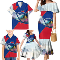 Liechtenstein Family Matching Mermaid Dress and Hawaiian Shirt with Red Blue Mountain Landscape Design and Crown Emblem - Wonder Print Shop