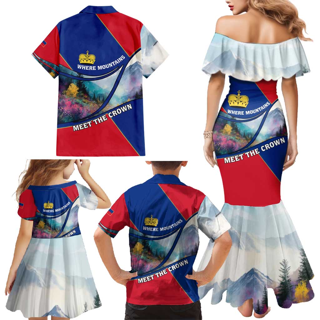 Liechtenstein Family Matching Mermaid Dress and Hawaiian Shirt with Red Blue Mountain Landscape Design and Crown Emblem - Wonder Print Shop