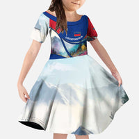 Liechtenstein Family Matching Off The Shoulder Long Sleeve Dress and Hawaiian Shirt with Red Blue Mountain Landscape Design and Crown Emblem - Wonder Print Shop