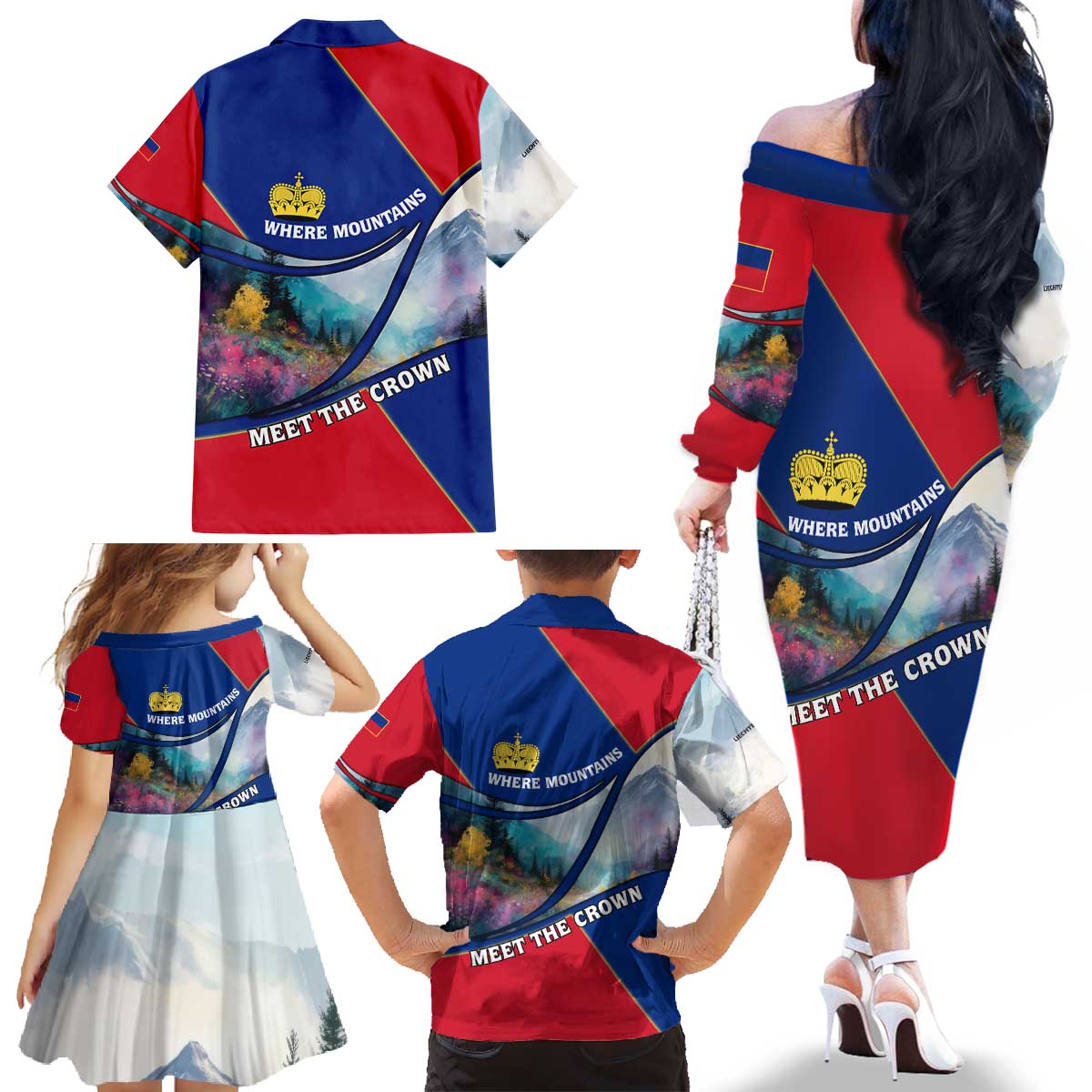 Liechtenstein Family Matching Off The Shoulder Long Sleeve Dress and Hawaiian Shirt with Red Blue Mountain Landscape Design and Crown Emblem - Wonder Print Shop