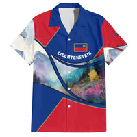 Liechtenstein Family Matching Off The Shoulder Long Sleeve Dress and Hawaiian Shirt with Red Blue Mountain Landscape Design and Crown Emblem - Wonder Print Shop