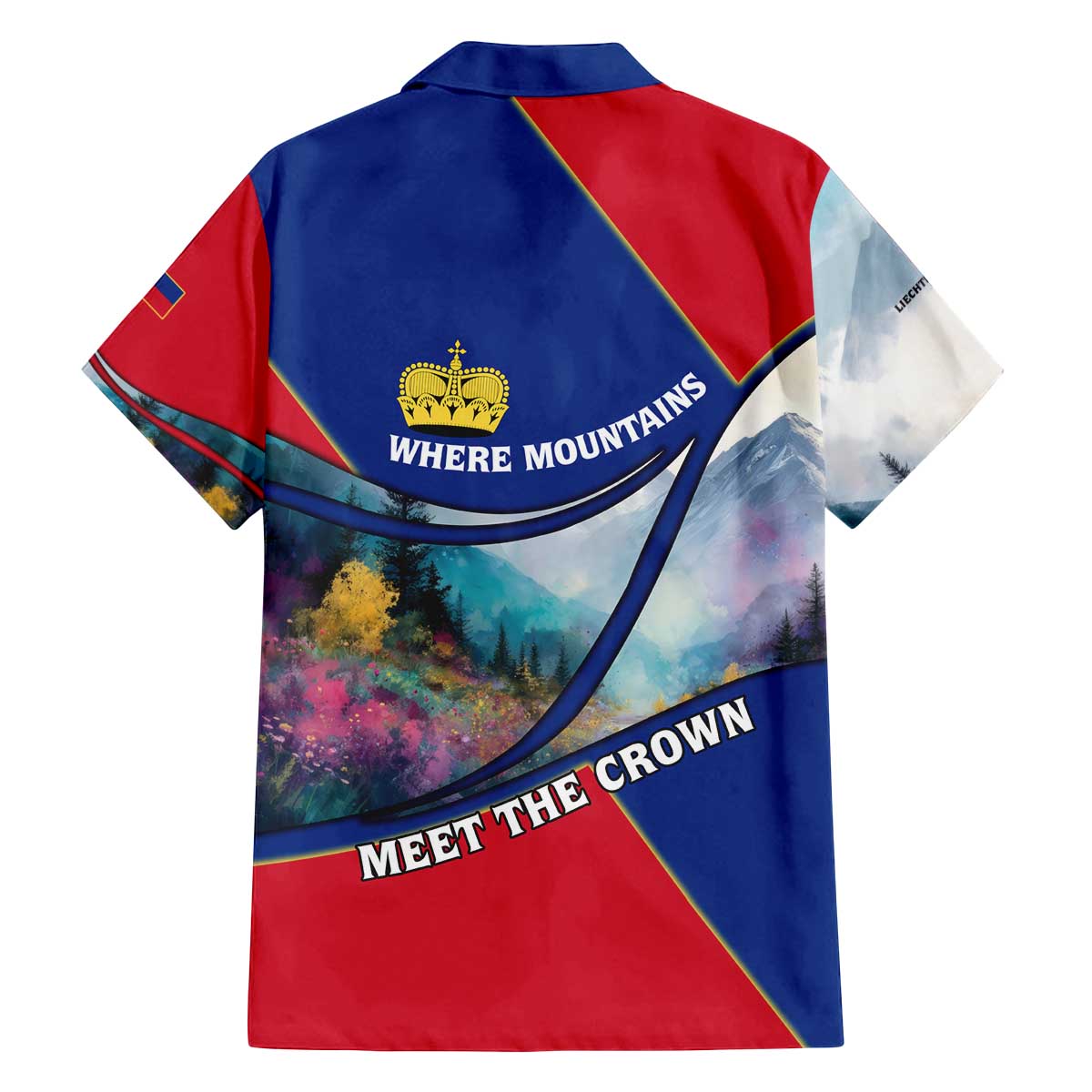 Liechtenstein Family Matching Off The Shoulder Long Sleeve Dress and Hawaiian Shirt with Red Blue Mountain Landscape Design and Crown Emblem - Wonder Print Shop