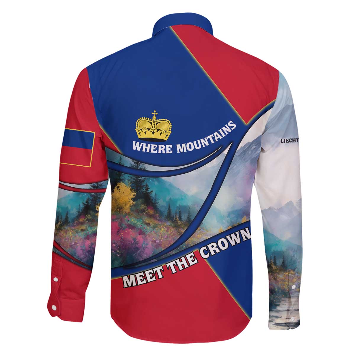 Liechtenstein Family Matching Off The Shoulder Long Sleeve Dress and Hawaiian Shirt with Red Blue Mountain Landscape Design and Crown Emblem - Wonder Print Shop