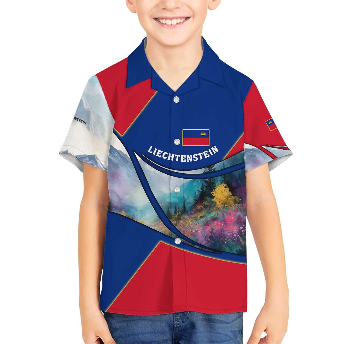 Liechtenstein Family Matching Off The Shoulder Long Sleeve Dress and Hawaiian Shirt with Red Blue Mountain Landscape Design and Crown Emblem - Wonder Print Shop