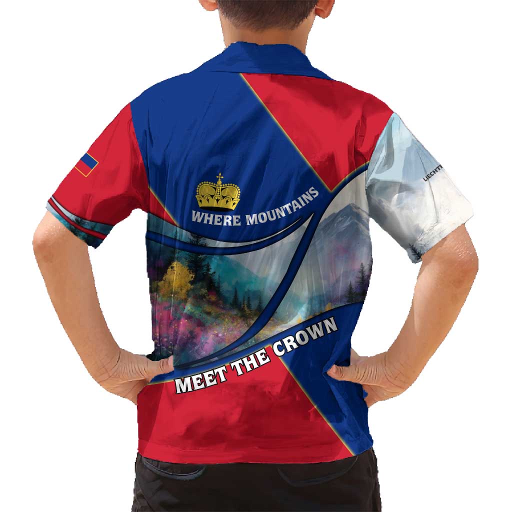 Liechtenstein Family Matching Off Shoulder Maxi Dress and Hawaiian Shirt with Red Blue Mountain Landscape Design and Crown Emblem - Wonder Print Shop