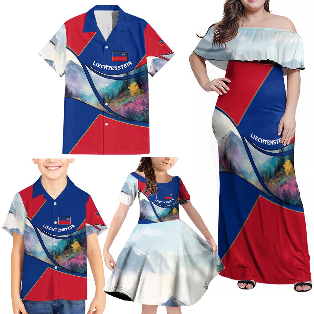 Liechtenstein Family Matching Off Shoulder Maxi Dress and Hawaiian Shirt with Red Blue Mountain Landscape Design and Crown Emblem - Wonder Print Shop