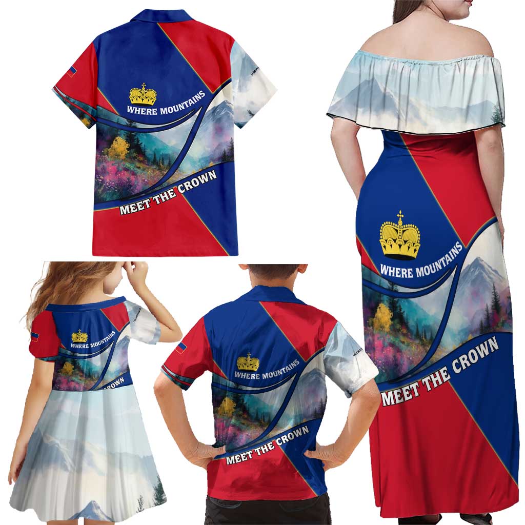 Liechtenstein Family Matching Off Shoulder Maxi Dress and Hawaiian Shirt with Red Blue Mountain Landscape Design and Crown Emblem - Wonder Print Shop