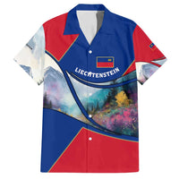 Liechtenstein Family Matching Off Shoulder Maxi Dress and Hawaiian Shirt with Red Blue Mountain Landscape Design and Crown Emblem - Wonder Print Shop