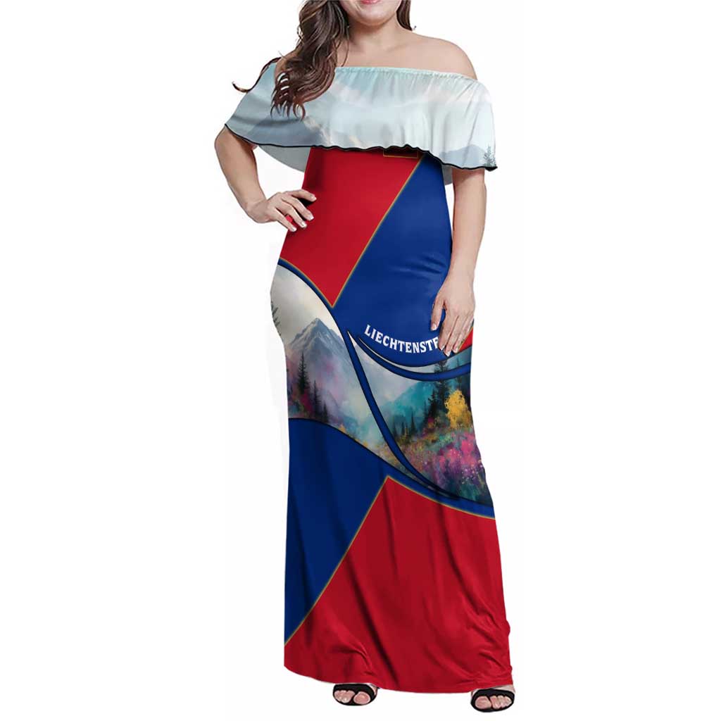 Liechtenstein Family Matching Off Shoulder Maxi Dress and Hawaiian Shirt with Red Blue Mountain Landscape Design and Crown Emblem - Wonder Print Shop