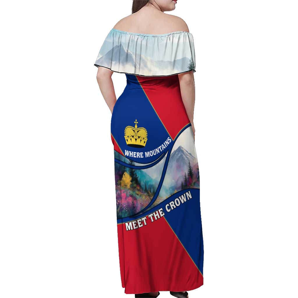 Liechtenstein Family Matching Off Shoulder Maxi Dress and Hawaiian Shirt with Red Blue Mountain Landscape Design and Crown Emblem - Wonder Print Shop