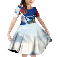 Liechtenstein Family Matching Off Shoulder Short Dress and Hawaiian Shirt with Red Blue Mountain Landscape Design and Crown Emblem - Wonder Print Shop