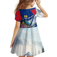 Liechtenstein Family Matching Off Shoulder Short Dress and Hawaiian Shirt with Red Blue Mountain Landscape Design and Crown Emblem - Wonder Print Shop