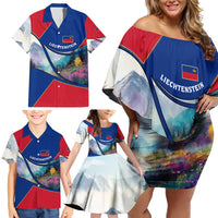 Liechtenstein Family Matching Off Shoulder Short Dress and Hawaiian Shirt with Red Blue Mountain Landscape Design and Crown Emblem - Wonder Print Shop