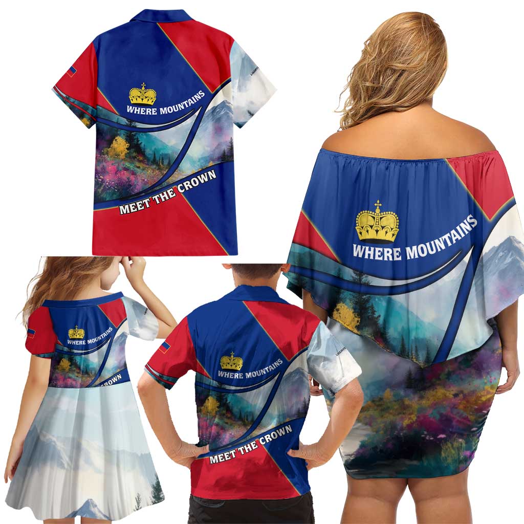 Liechtenstein Family Matching Off Shoulder Short Dress and Hawaiian Shirt with Red Blue Mountain Landscape Design and Crown Emblem - Wonder Print Shop