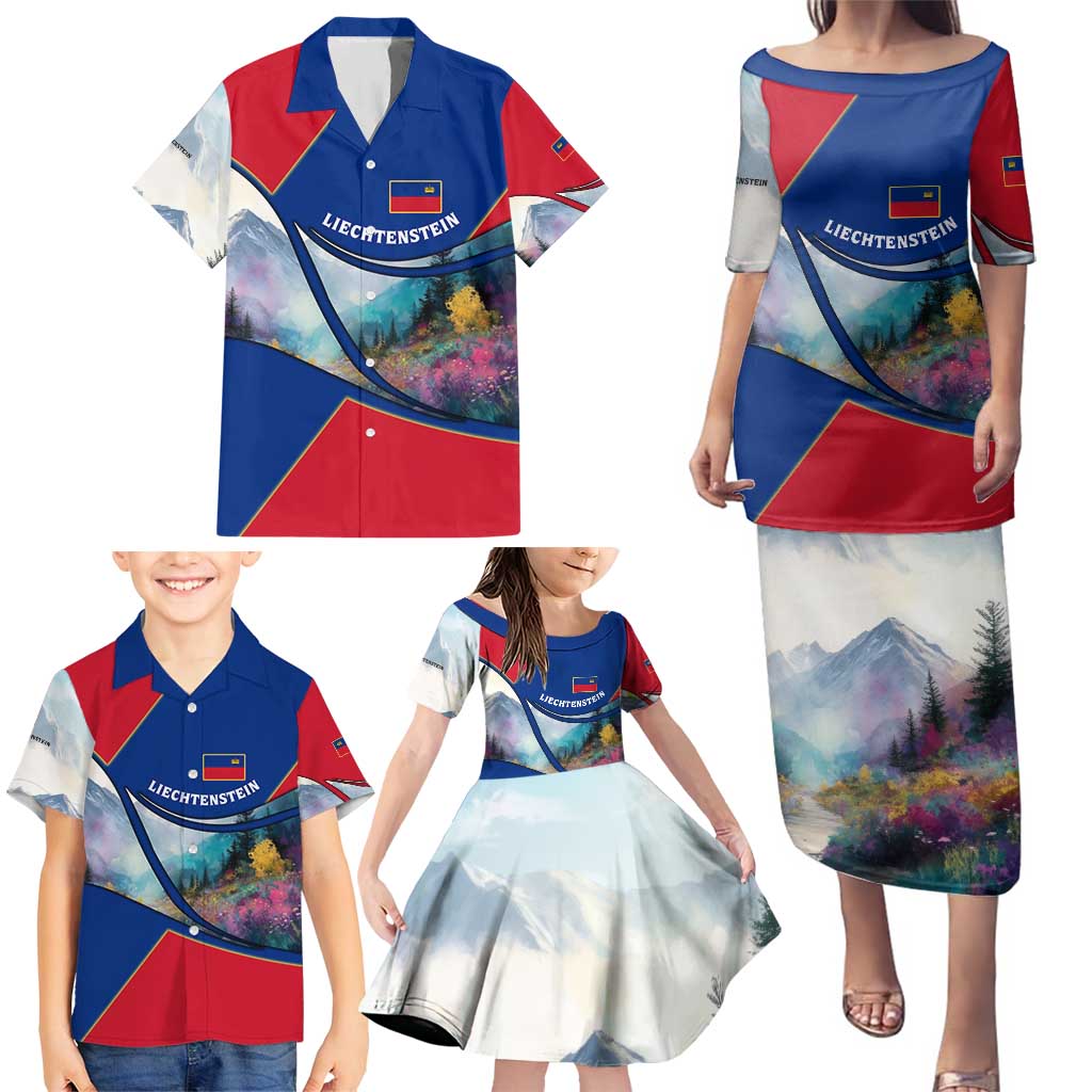 Liechtenstein Family Matching Puletasi and Hawaiian Shirt with Red Blue Mountain Landscape Design and Crown Emblem - Wonder Print Shop