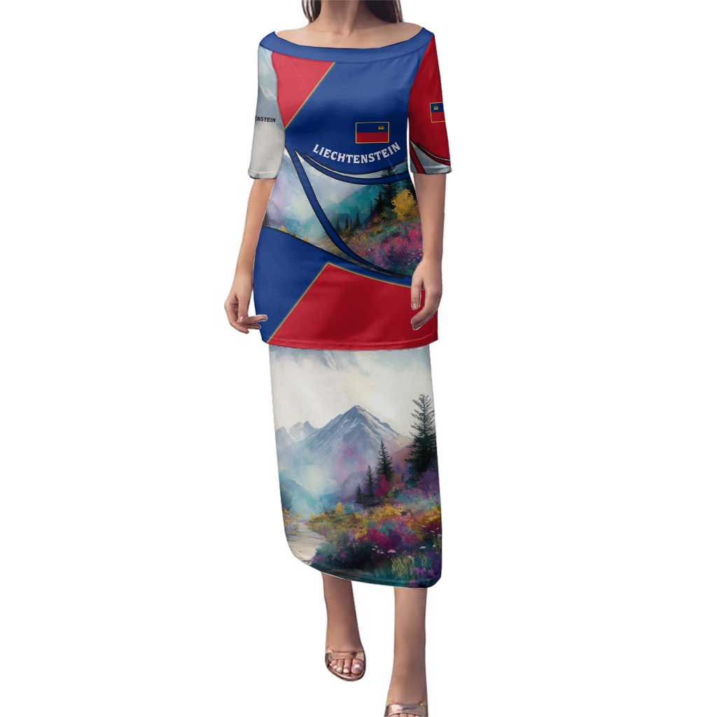 Liechtenstein Family Matching Puletasi and Hawaiian Shirt with Red Blue Mountain Landscape Design and Crown Emblem - Wonder Print Shop