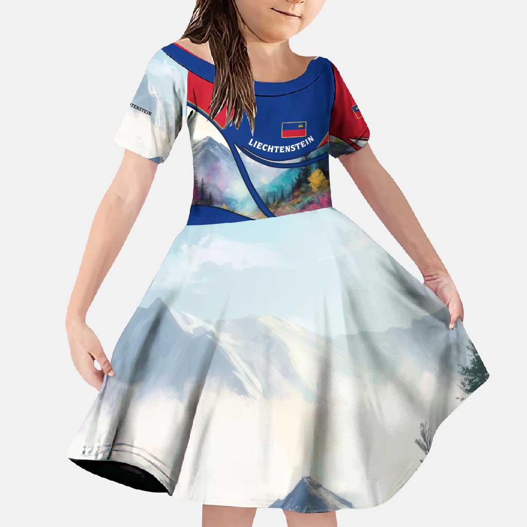 Liechtenstein Family Matching Short Sleeve Bodycon Dress and Hawaiian Shirt with Red Blue Mountain Landscape Design and Crown Emblem - Wonder Print Shop