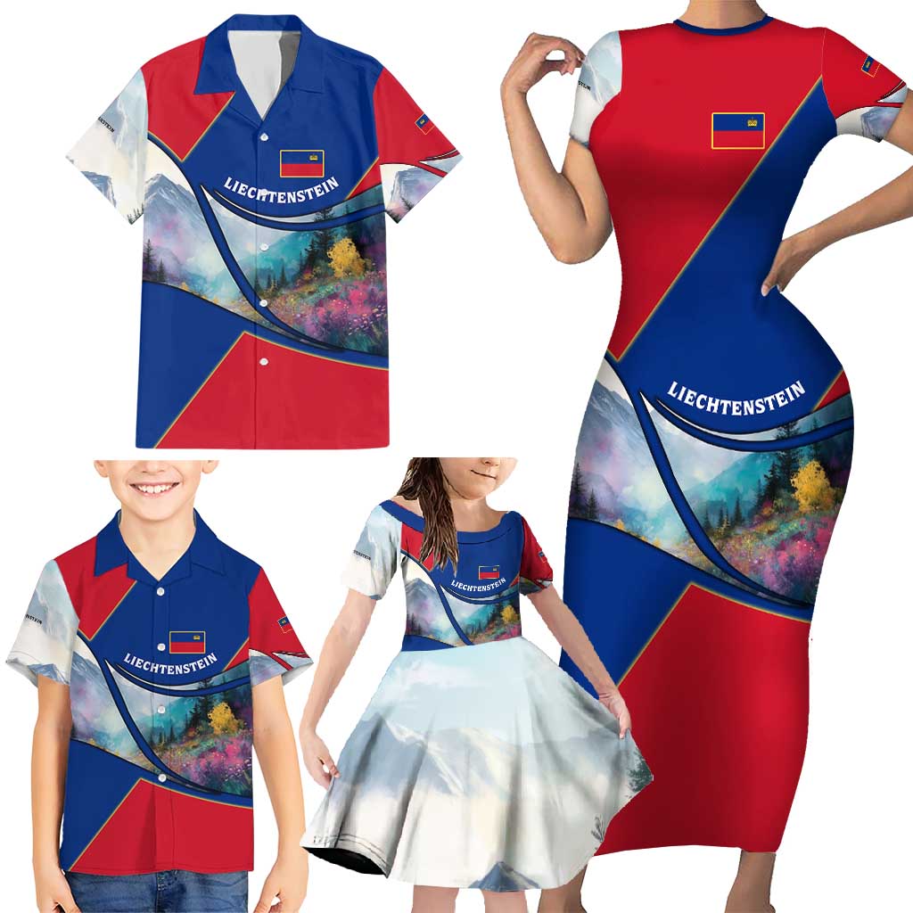 Liechtenstein Family Matching Short Sleeve Bodycon Dress and Hawaiian Shirt with Red Blue Mountain Landscape Design and Crown Emblem - Wonder Print Shop