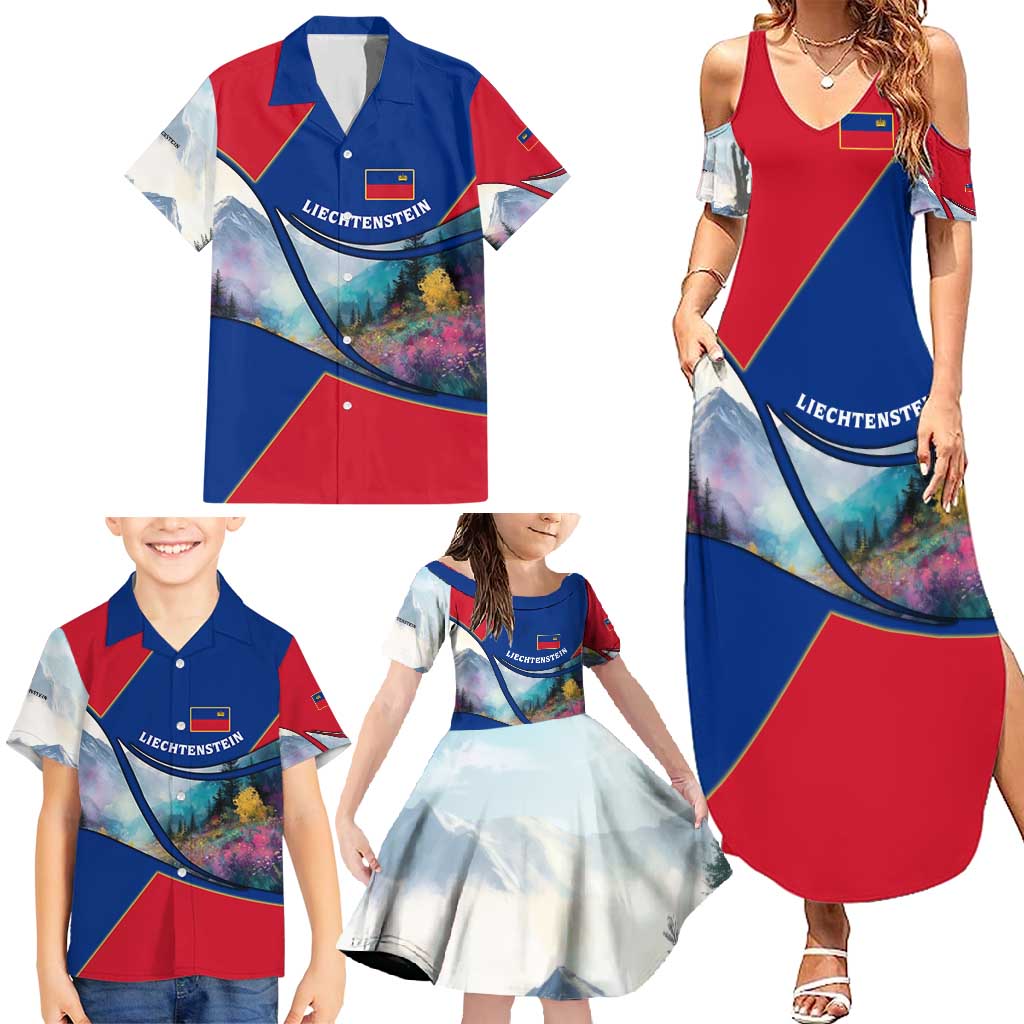 Liechtenstein Family Matching Summer Maxi Dress and Hawaiian Shirt with Red Blue Mountain Landscape Design and Crown Emblem - Wonder Print Shop
