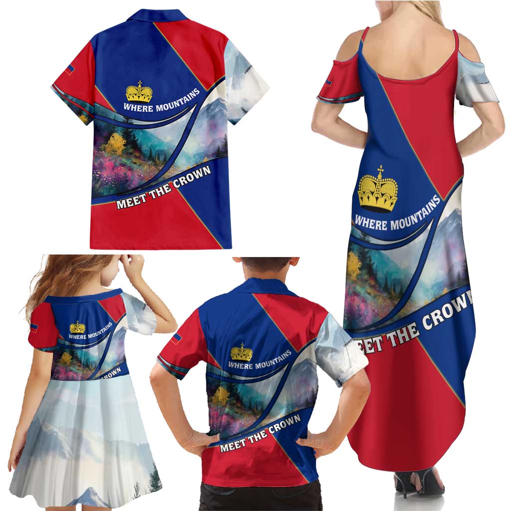 Liechtenstein Family Matching Summer Maxi Dress and Hawaiian Shirt with Red Blue Mountain Landscape Design and Crown Emblem - Wonder Print Shop