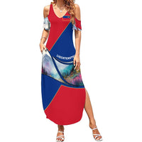 Liechtenstein Family Matching Summer Maxi Dress and Hawaiian Shirt with Red Blue Mountain Landscape Design and Crown Emblem - Wonder Print Shop