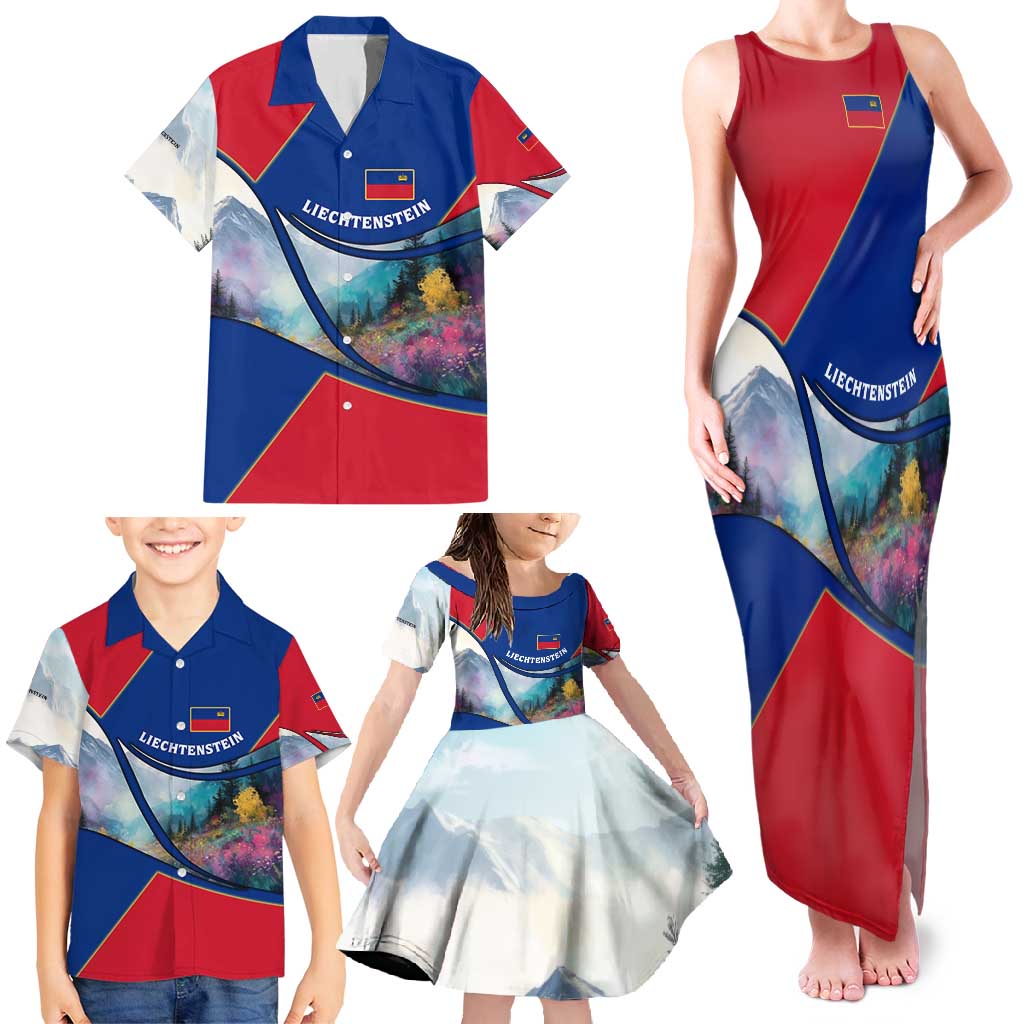 Liechtenstein Family Matching Tank Maxi Dress and Hawaiian Shirt with Red Blue Mountain Landscape Design and Crown Emblem - Wonder Print Shop