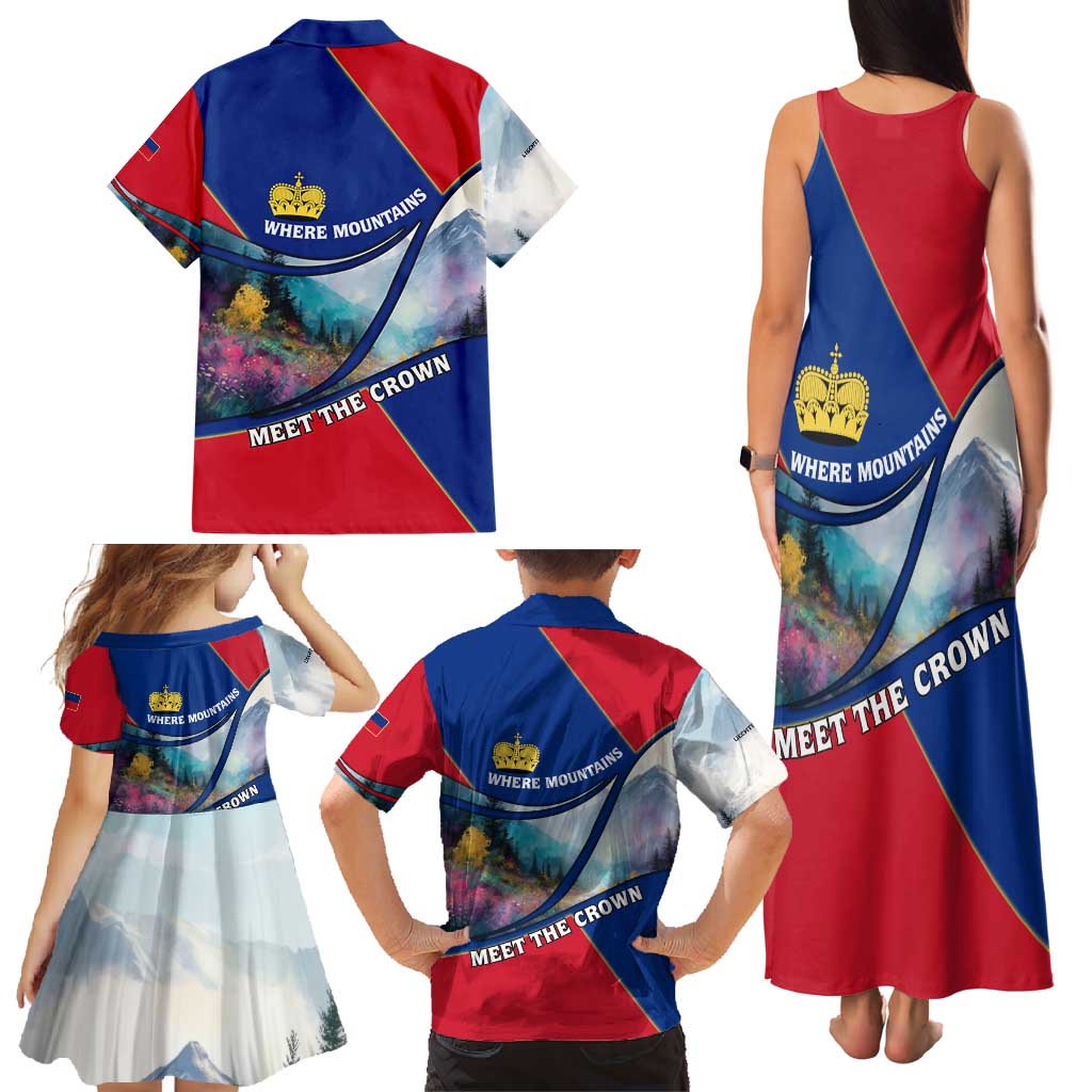 Liechtenstein Family Matching Tank Maxi Dress and Hawaiian Shirt with Red Blue Mountain Landscape Design and Crown Emblem - Wonder Print Shop