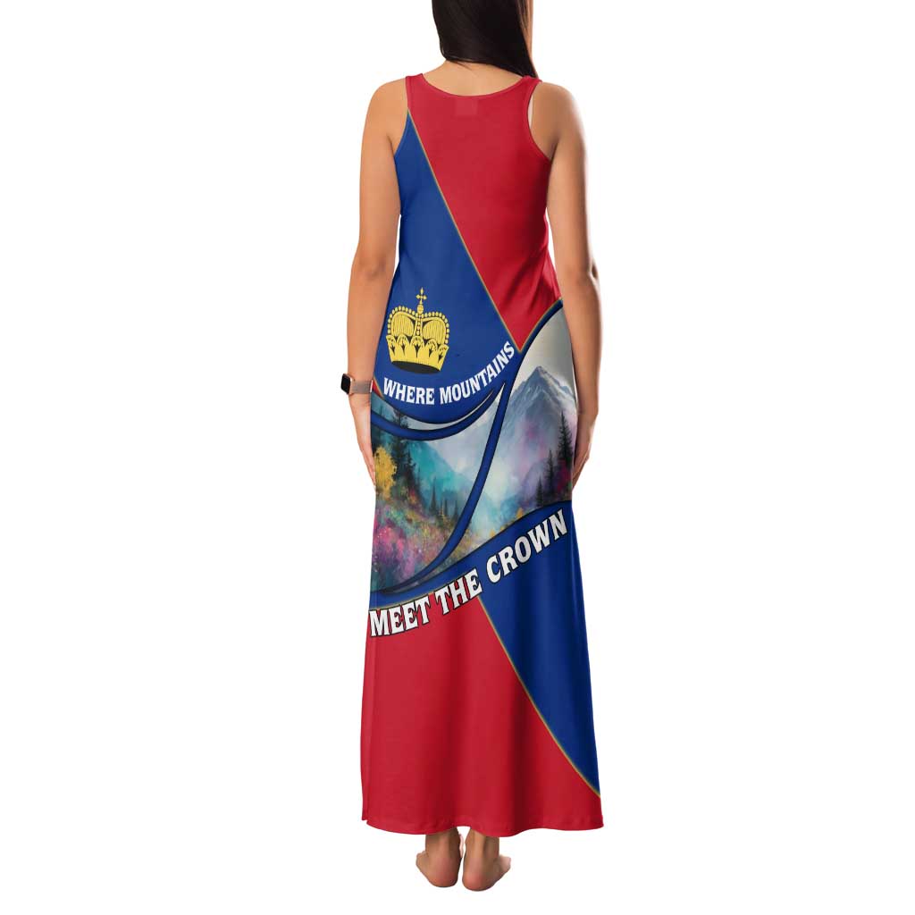Liechtenstein Family Matching Tank Maxi Dress and Hawaiian Shirt with Red Blue Mountain Landscape Design and Crown Emblem - Wonder Print Shop