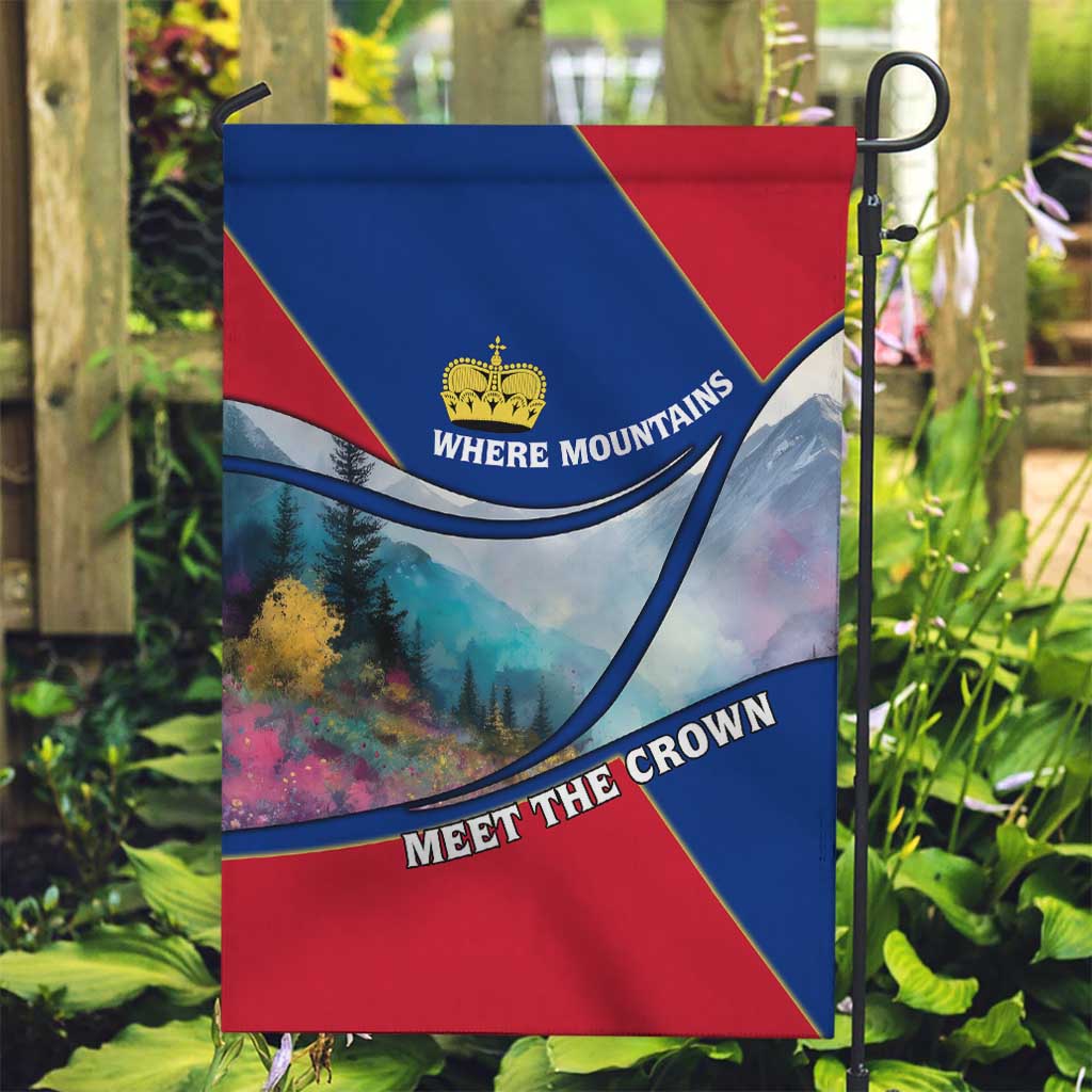 Liechtenstein Garden Flag with Red Blue Mountain Landscape Design and Crown Emblem - Wonder Print Shop