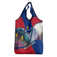 Liechtenstein Grocery Bag with Red Blue Mountain Landscape Design and Crown Emblem - Wonder Print Shop
