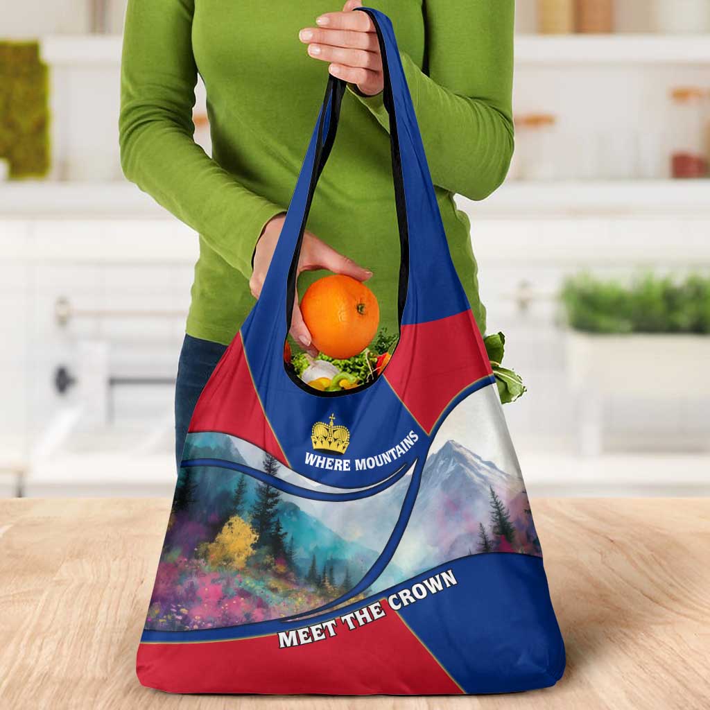 Liechtenstein Grocery Bag with Red Blue Mountain Landscape Design and Crown Emblem - Wonder Print Shop