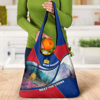 Liechtenstein Grocery Bag with Red Blue Mountain Landscape Design and Crown Emblem - Wonder Print Shop