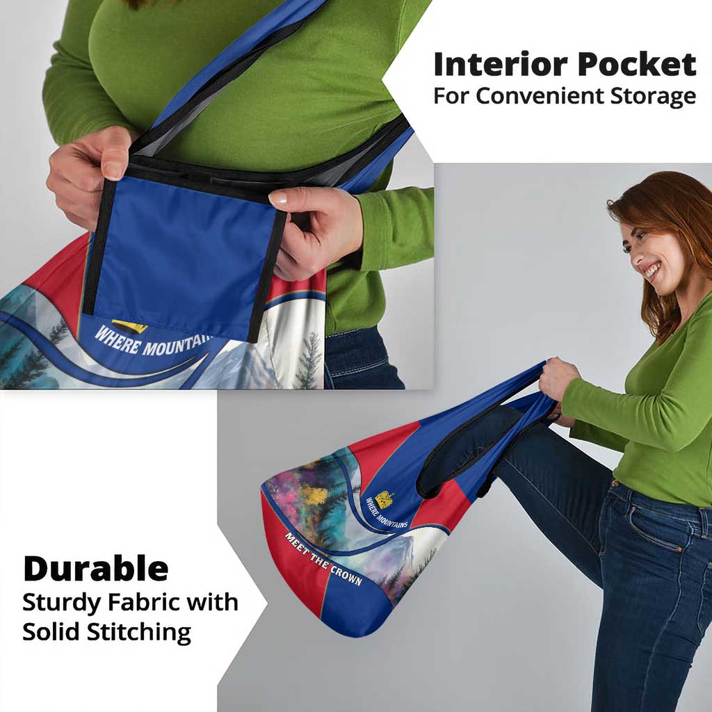 Liechtenstein Grocery Bag with Red Blue Mountain Landscape Design and Crown Emblem - Wonder Print Shop