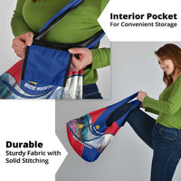 Liechtenstein Grocery Bag with Red Blue Mountain Landscape Design and Crown Emblem - Wonder Print Shop