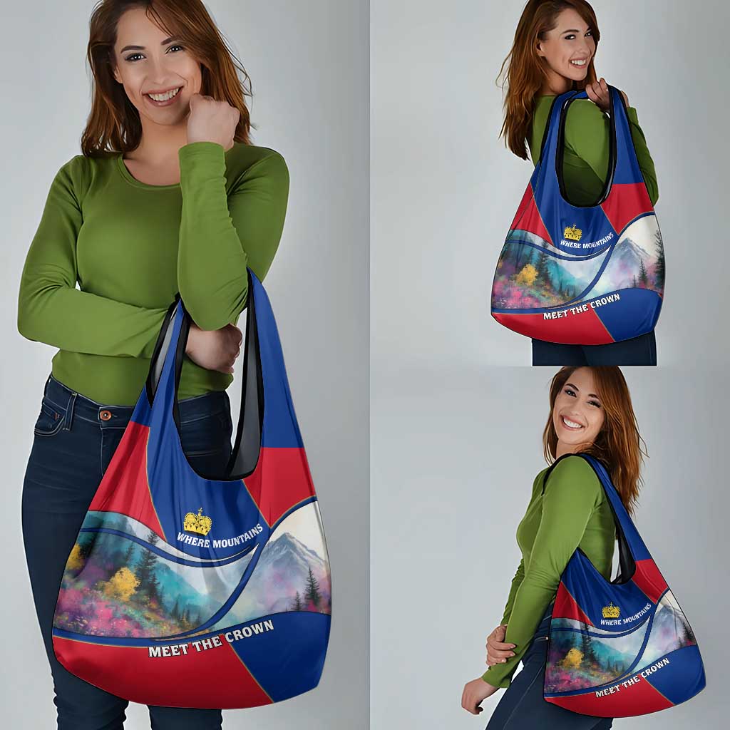 Liechtenstein Grocery Bag with Red Blue Mountain Landscape Design and Crown Emblem - Wonder Print Shop