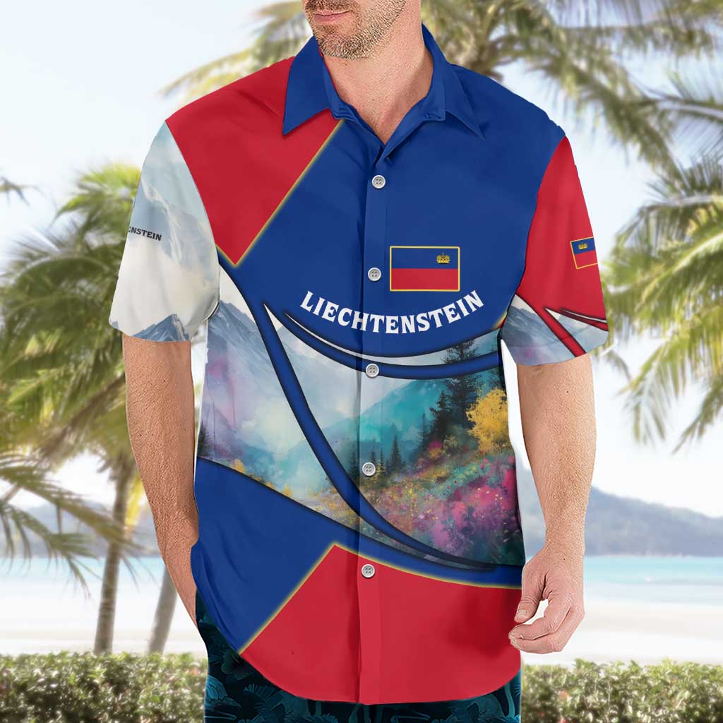 Liechtenstein Hawaiian Shirt with Red Blue Mountain Landscape Design and Crown Emblem - Wonder Print Shop