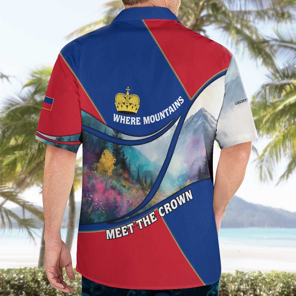 Liechtenstein Hawaiian Shirt with Red Blue Mountain Landscape Design and Crown Emblem - Wonder Print Shop