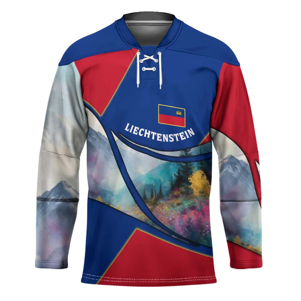Liechtenstein Hockey Jersey with Red Blue Mountain Landscape Design and Crown Emblem - Wonder Print Shop