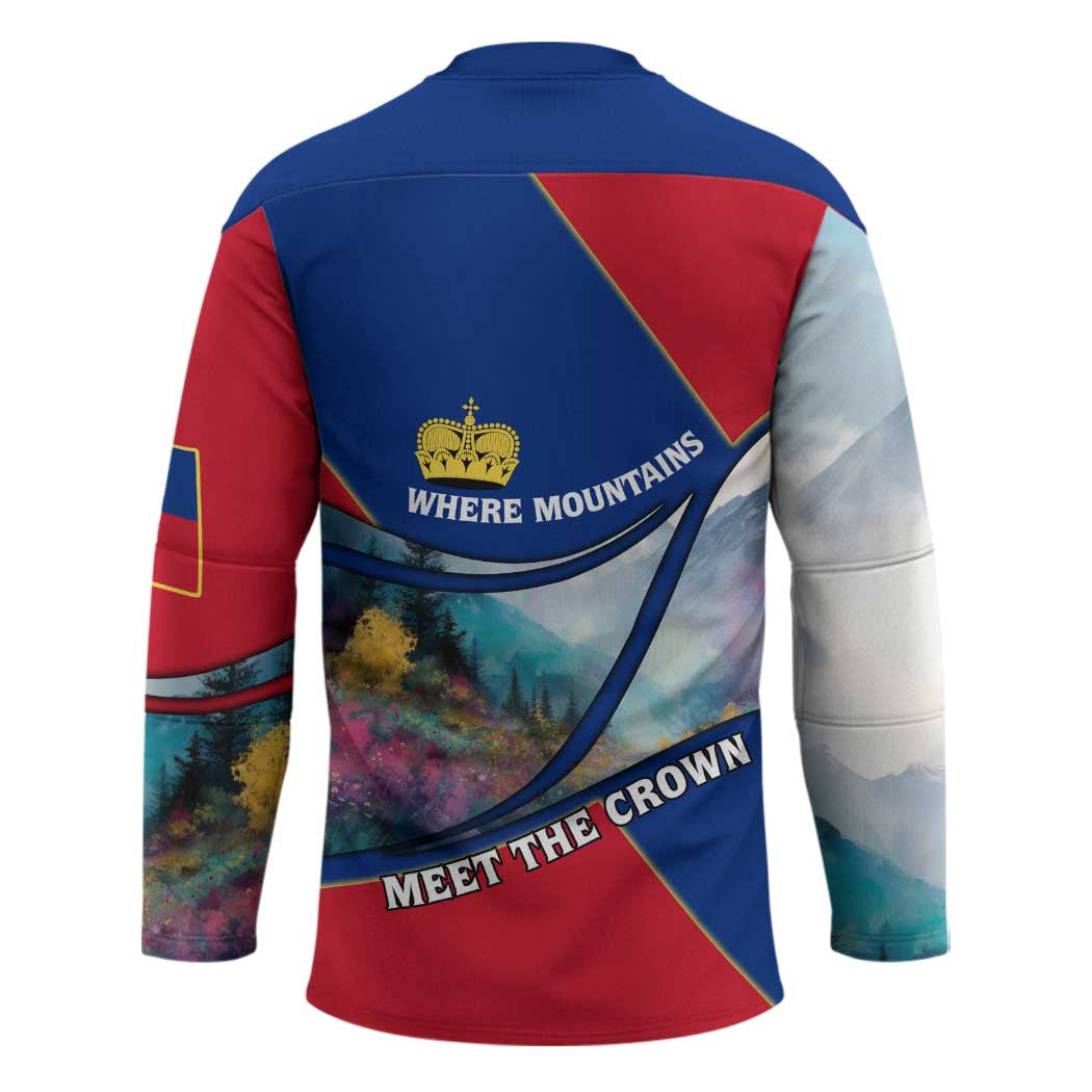 Liechtenstein Hockey Jersey with Red Blue Mountain Landscape Design and Crown Emblem - Wonder Print Shop