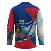Liechtenstein Hockey Jersey with Red Blue Mountain Landscape Design and Crown Emblem - Wonder Print Shop