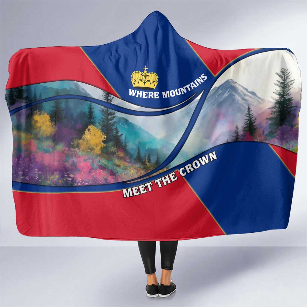 Liechtenstein Hooded Blanket with Red Blue Mountain Landscape Design and Crown Emblem - Wonder Print Shop