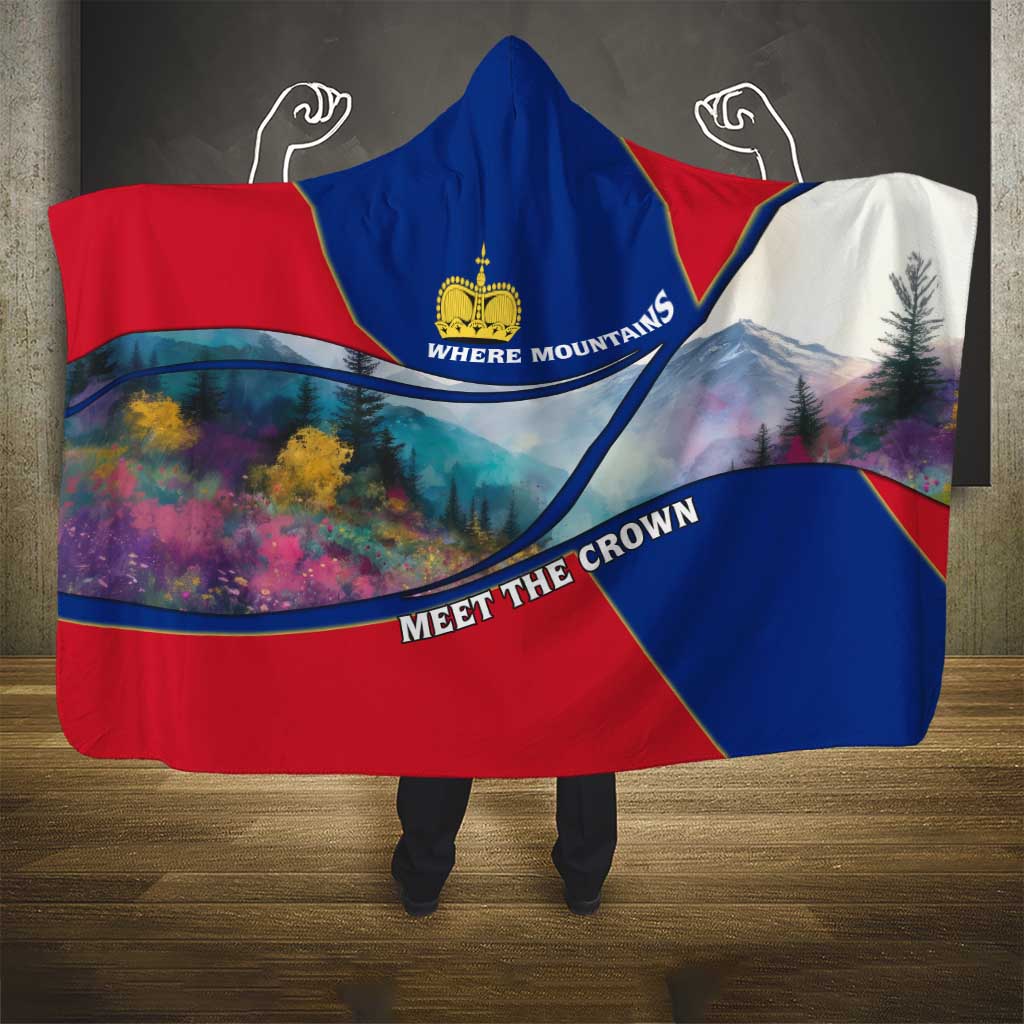 Liechtenstein Hooded Blanket with Red Blue Mountain Landscape Design and Crown Emblem - Wonder Print Shop
