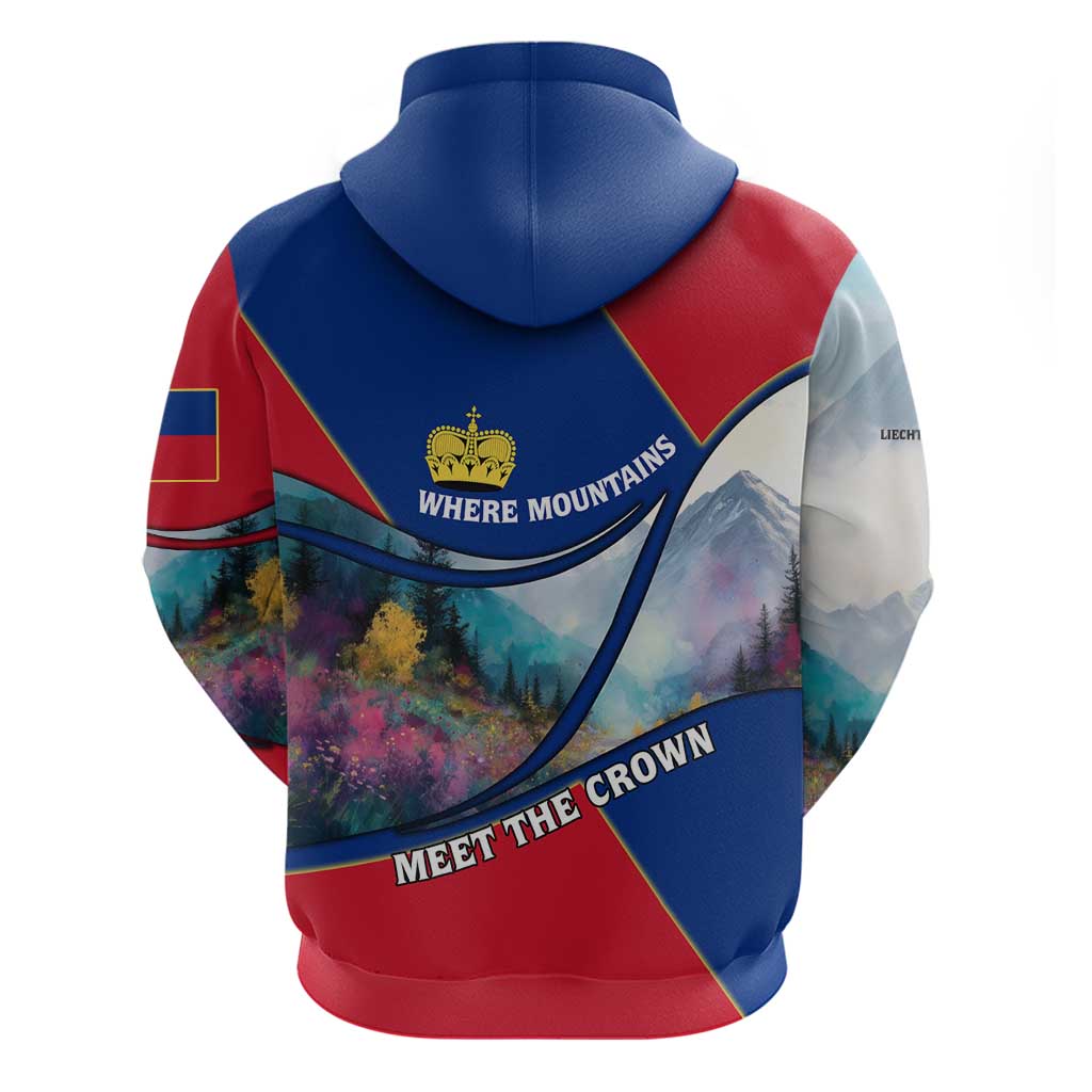 Liechtenstein Hoodie with Red Blue Mountain Landscape Design and Crown Emblem - Wonder Print Shop