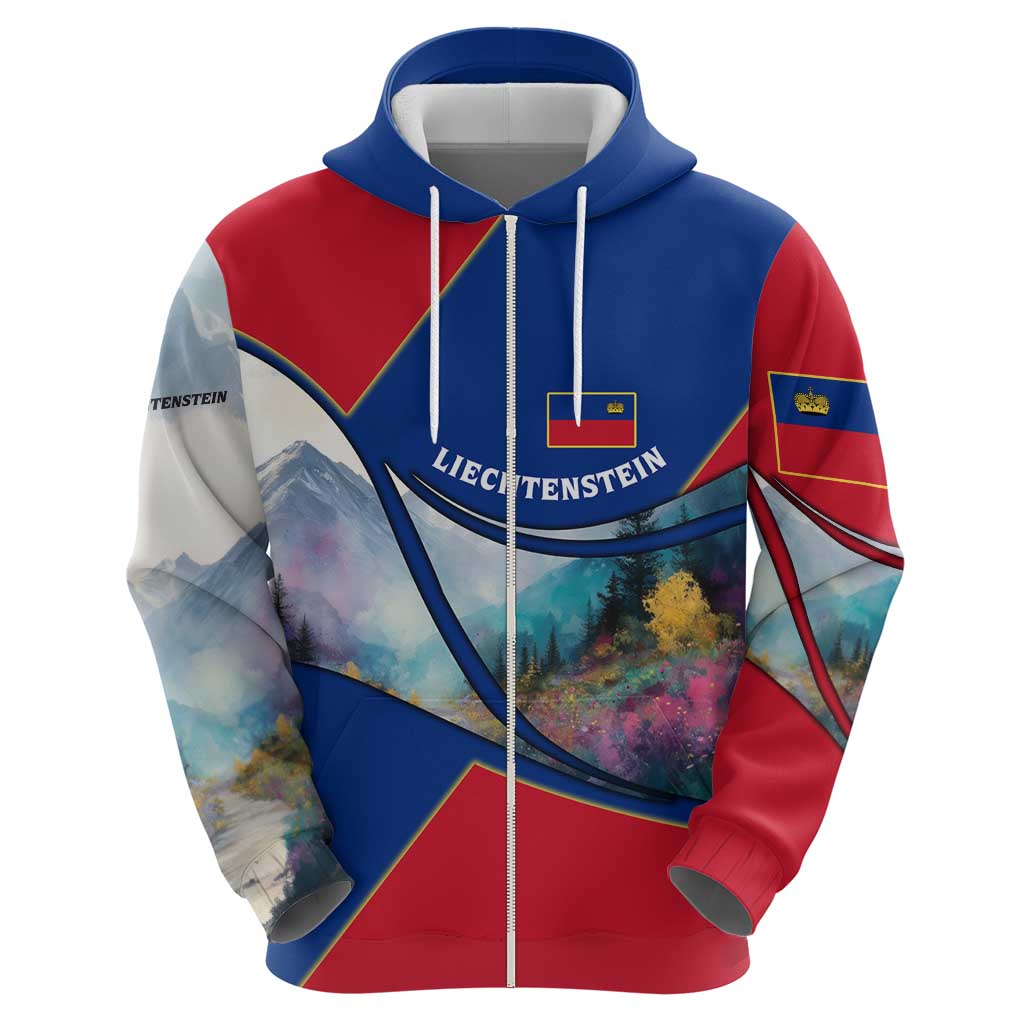Liechtenstein Hoodie with Red Blue Mountain Landscape Design and Crown Emblem - Wonder Print Shop