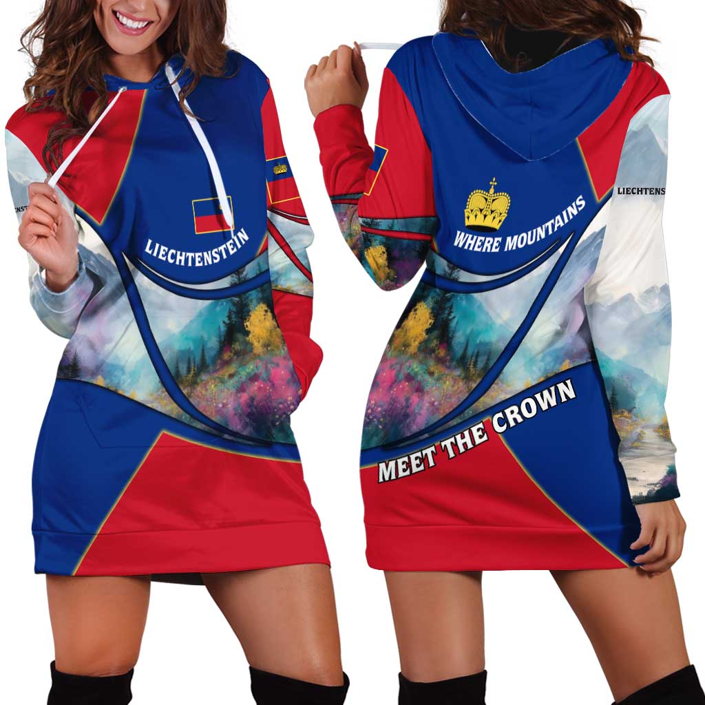 Liechtenstein Hoodie Dress with Red Blue Mountain Landscape Design and Crown Emblem - Wonder Print Shop