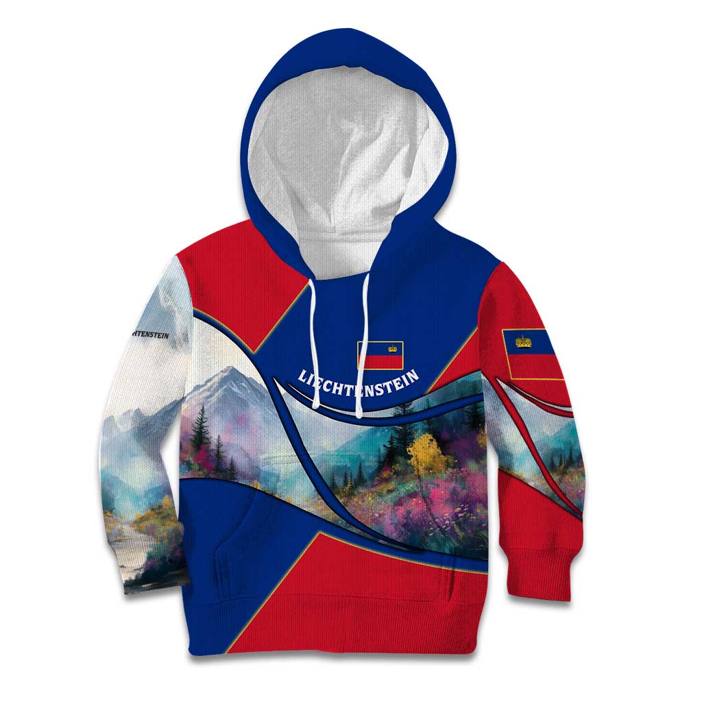 Liechtenstein Kid Hoodie with Red Blue Mountain Landscape Design and Crown Emblem - Wonder Print Shop