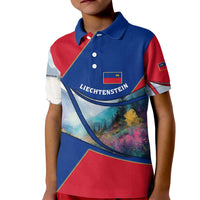Liechtenstein Kid Polo Shirt with Red Blue Mountain Landscape Design and Crown Emblem - Wonder Print Shop