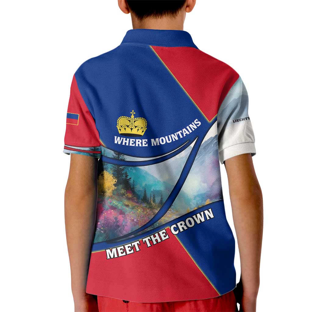 Liechtenstein Kid Polo Shirt with Red Blue Mountain Landscape Design and Crown Emblem - Wonder Print Shop